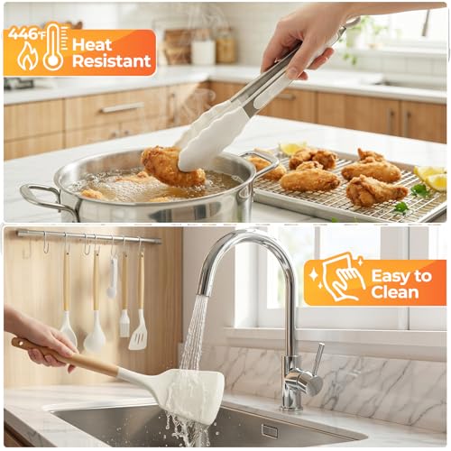 33Pcs Kitchen Utensils Set Silicone Cooking Utensils Set with Wooden Handle | Heat-Resistant, Dishwasher Safe, BPA-Free Silicone Kitchen Utensil Set with Wooden Handles & Holder for Nonstick Cookware - color: White