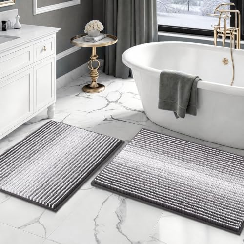 Bathroom Rugs and Mats Sets, 2 Piece Thick Absorbent Chenille Bath Mat Rug Set Non Slip, Soft Shaggy Room Floor for Bathroom, Machine Washable (20" x 32" Plus 16" 24", Gray) - color: Grey, size: 20" x 32" Plus 16" x 24"