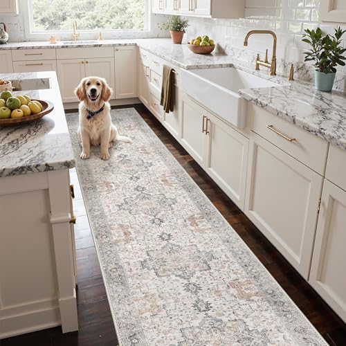 GENIMO 2'6"x18' Washable Runner Rug Non Slip for Hallway, Taupe | Vintage Floral Kitchen Runner, Stain Resistant, Low Pile and Lightweight for Entryway, Bedroom, Bathroom and Laundry Room - color: Taupe, size: 2'6" x 18' (Runner)