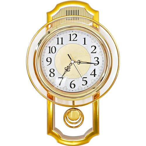 Modern Wall Clock with Pendulum, Non Ticking Silent Battery Operated Antique Clock, Vintage Decorative Wall Clocks for for Living Room, Dining Room, Office, Clock Wall Decor. (Gold) - color: Gold