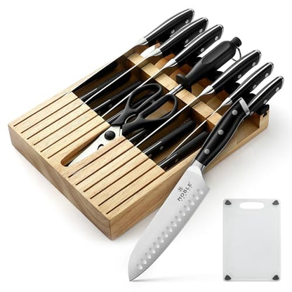 Knife Set with Block, N NOBLE FAMILY 16Pcs Kitchen Knives Drawer Organizer Set with Sharpener, Cutting Board, Anti-Slip Chef Knives Set with 6Pcs Steak Knives, Black - color: Black