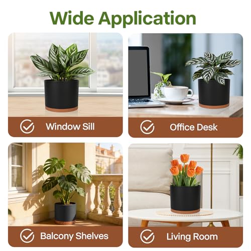 3 Pack Cylinder Planter Set 10/9/8 Inch White Indoor Plant Pots | Modern flower pots with drainage holes and saucers. For outdoor garden, succulent, nursery, and house plants. - color: Black-brown