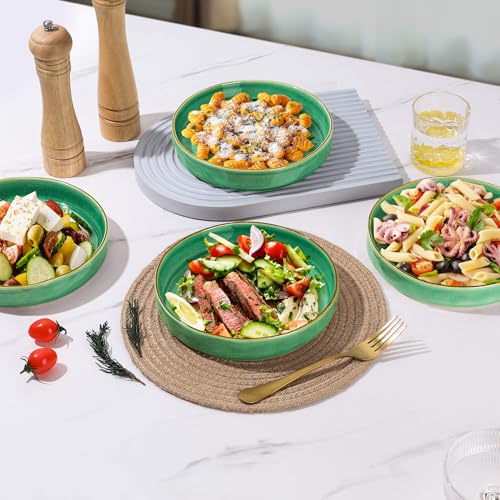 E-far Pasta Bowls Set of 4, 30oz Shallow Salad Bowls for Dinner Serving, 8.25" Stoneware Ceramic Bowl Plates for Noodle Soup, Microwave & Dishwasher Safe, Reactive Glaze, Green - color: Green