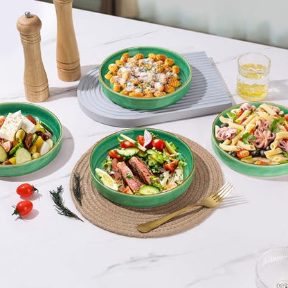 E-far Pasta Bowls Set of 4, 30oz Shallow Salad Bowls for Dinner Serving, 8.25" Stoneware Ceramic Bowl Plates for Noodle Soup, Microwave & Dishwasher Safe, Reactive Glaze, Green - color: Green