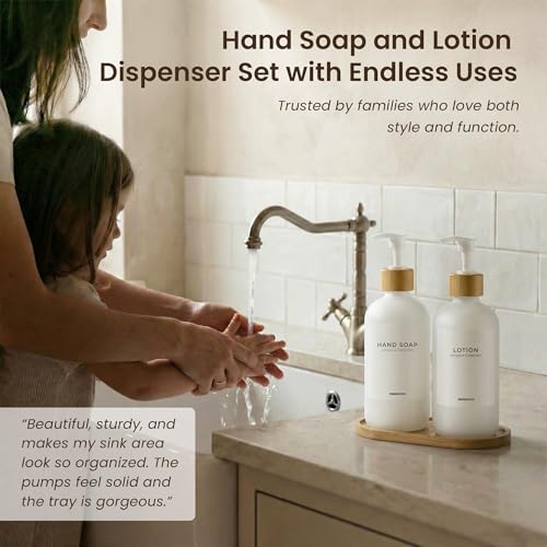 MaisoNovo Glass Soap Dispenser Bathroom Set of 2-16.9 oz Bathroom Soap Dispenser Set - White Glass Bottles x 2 with White Bamboo Pumps & Tray - color: White Bottles/ White Bamboo Pumps