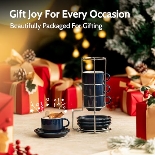 Sweese 4 Ounce Porcelain Stackable Espresso Cups with Saucers and Metal Stand Set of 4, Navy - color: Navy, size: 4 Ounces