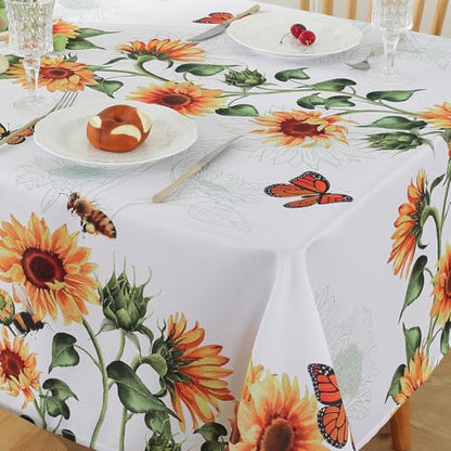 SASTYBALE Sunflower Tablecloth, White, 60x120 Inch Rectangle | Polyester, Spill-Proof, Dust-Proof, Wrinkle-Free, Spring Summer Garden Parties - color: Sunflowers, size: 120" x 60" (Rectangular)