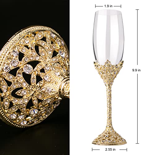 Gold Champagne Flutes - Crystal Glass Metal Base With Crystal Stones, Set of 2 Toasting Flute Pair, Wedding Anniversary Party Birthday Banquets and Gifts for Bride and Groom (Gold) - color: Gold
