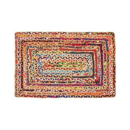2'x3' Hand Woven Jute Chindi Area Rug - Colorful Boho Rugs | Rugs for Living Room - Hand Braided Multicolor Bohemian Rug for Farmhouse, Bedroom, Dining Room, Classroom, Hallway, Kitchen - color: Multi Color, size: 2' x 3' (Rectangular)