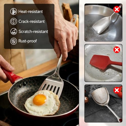 4PCS Stainless Steel Kitchen Cooking Utensils Spatula & Spoons Set | Solid & Slotted Turners, Serving & Slotted Spoons, Heat Resistant, For Flipping Fish, Eggs and Pancakes, Dishwasher Safe