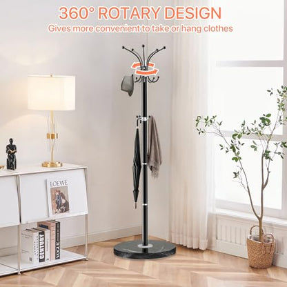 ZOZOE Metal Coat Rack Stand, Modern Coat Rack Freestanding with Natural Marble Base, 360° Rotary Design Coat Racks with 14 Hooks, Black Coat Tree Hanger Stand for Bags, Hats, Entryway, Office - color: Black 14 Hooks