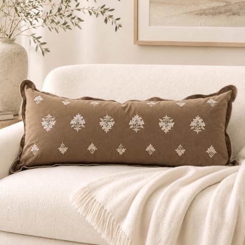 BlissBlush Long Lumbar Pillow Cover 14x36 for Bed, Brown Velvet Decorative Lumbar Pillow Cover, Floral Accent Cushion Cover with Embroidery and Scalloped Edge for Couch Sofa Bed, Cover ONLY - color: Warm Brown, size: 36" x 14" (Pack of 1)