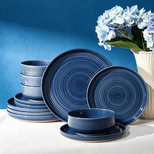 Dinnerware Set for 4, Ceramic Plates & Bowls, Abyssal Blue | 12 pcs Speckled Spiral Coupe Dishes, Chip & Scratch Resistant Everyday Ceramics, Microwave & Dishwasher Safe, Farmhouse Style - color: Abyssal Blue, size: Service for 4 (12pc)