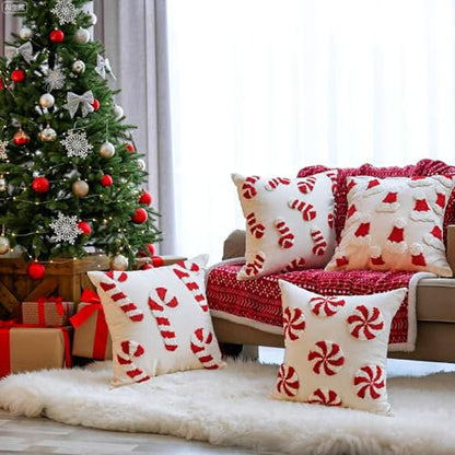 Fourluoo Christmas Trees Pillow Covers 18x18 Inch Double Sided Foil Plush White Red Green Soft Plush Faux Fur Christmas Throw Cushion Case for Sofa Living Room (4 Pcs, Candy Can, 18"×18") - style: Candy Can