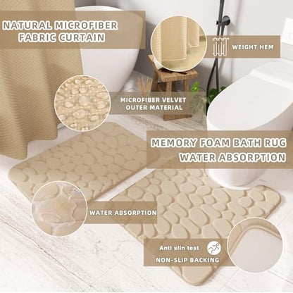 XLHOMO Bathroom Accessories Set - 25PC Bathroom Sets with Shower Curtain and Rugs, Beige Bathroom Accessories with Trash Can, Soap Dispenser, Soap Dish & Toilet Brush - size: Bath Set+Shower Curtain+Rugs, style: Beige&Gold