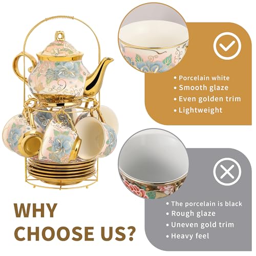 20 Pieces Porcelain Tea Set With Metal Holder, European Ceramic tea set for adults,Flower Tea Set,Tea Set For Women With Flower Painting (VIVID YELLOW, Largr Vision) - color: VIVID YELLOW