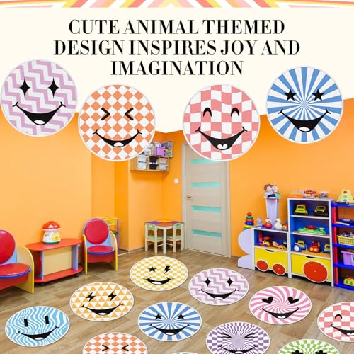 12 Pcs Carpet Circle Seats, 15 Inch Round Classroom Rug, Non Slip Corner Floor Cushion Mat, Circle Time Rug for Living Room, Learning, Playing Areas, Story Time, Group Activity(Happy Face) - style: Happy Face
