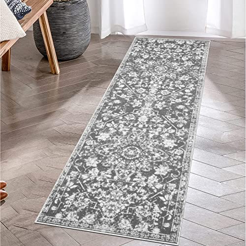 Pauwer Vintage Floral 2x6 Runner Rug, Non Slip Hallway Rug Runner, Grey | Machine Washable, Faux Wool, Low-Pile, Non-Shedding, Soft Distressed Floor Carpet For Entryway, Laundry, Bedroom, Kitchen - color: Vintage Grey, size: 2' x 6' (Runner)