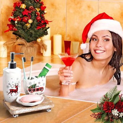 Christmas Bathroom Accessories Set of 4, Christmas Buffalo Bathroom Decor Merry Christmas Bathroom Tumbler Soap Dispenser Toothbrush Holder Soap Dish for Winter Xmas Theme Bathroom Decoration - style: Christmas