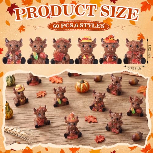 Yaomiao 60 Pcs Mini Resin Highland Cow Fall Maple Leaf Gnomes Statues Pumpkin Gnome Figures Table Decor for Fall Autumn Holiday Festive Home Kitchen Tiered Tray - style: Fall Highland Cow