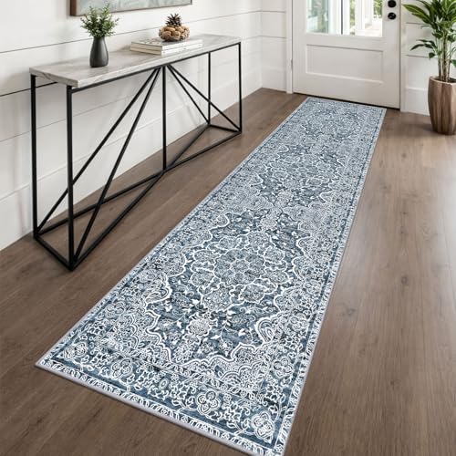 KUTA Vintage Floral Washable Runner Rug 2x8 Blue White Runners for Hallways | Non-Slip, Non-Shedding, Low Pile, Easy Clean Distressed Flower Runners For Bathroom Kitchen Entryway Bedroom Laundry Foyer - color: Blue Floral, size: 2' x 8' (Runner)