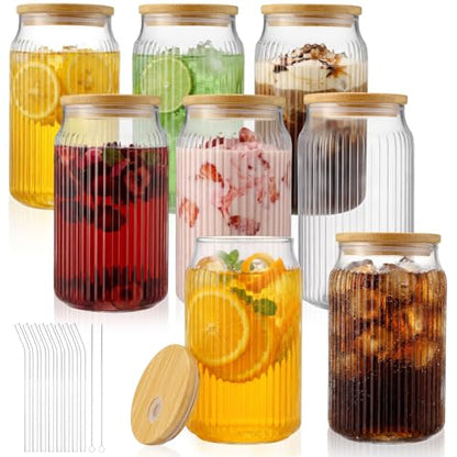 8 Pcs Fluted Glass Tumblers with Bamboo Lids and Straws 16oz Ribbed Can Drinking Glasses Beer Shaped Glasses Coffee Cups for Iced Coffee Cocktail Beer Tea Water Whiskey