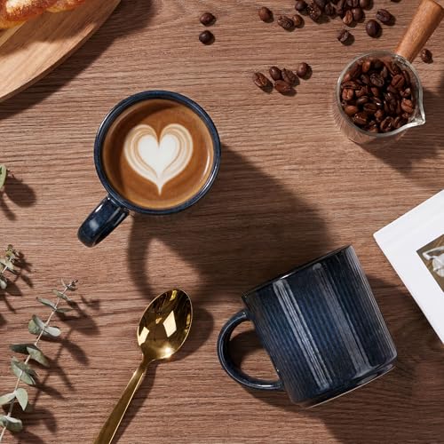 E-far Coffee Mugs Set of 4, 12 oz Stoneware Coffee Cups with Handle for Latte, Tea, Cocoa, Milk, Modern Ribbed Ceramic Mugs for Man Woman, Microwave & Dishwasher Safe, Midnight Blue - color: Midnight Blue
