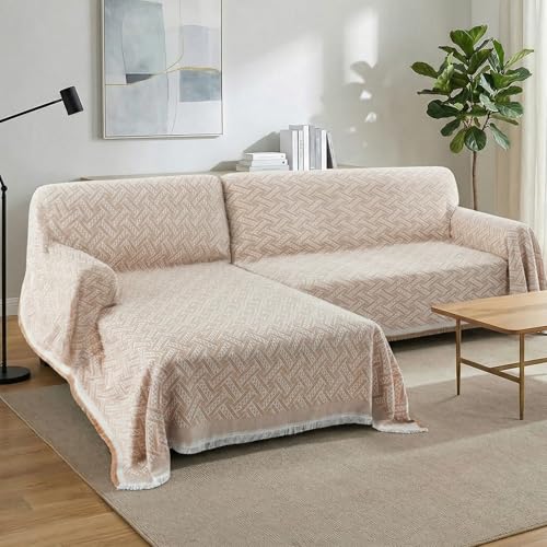 Turquoize Sectional Couch Covers L Shape Couch Cover Sectional Sofa Cover Washable 2 Pieces Blanket for Sectional Sofa Feature Geometrical Woven Jacquard Fabric (71" x 102"+63" x 110", Khaki/White) - color: Khaki/White, size: Small Sectional: 71" x 102"+6