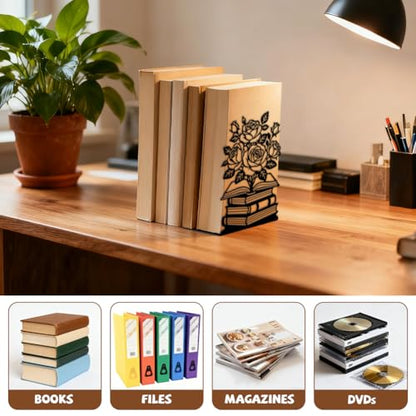 5.3"x4.3"x7.9" Metal Bookends, Heavy Duty Book Ends for Shelves | Rose with Book Theme Cast Iron Book Supports, 1 Pair Decor Stoppers for Desk, Library, Office & Home Shelves - style: Rose with Book