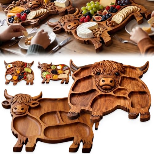 12.5"*11.8" Wooden Highland Cow Charcuterie Board, Divided Serving Tray Board Made from Natural Solid Wood, Rustic Farmhouse Style Wood Decorative Serving Tray, for Meat, Cheese, Crackers (2PCS-Mix) - color: 2pcs-mix