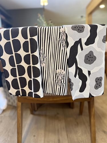 Kitchen Towels, Dish Towels for Kitchen, 3 Pc Kitchen Towel Set | Microfiber Waffle Towels, 16 x 26 inches, with Hanging Loops, Reusable Tea Towels, Cute Kitchen Towels - 3 Pack - color: Black/Gray