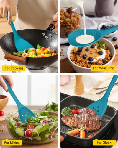 Pack of 4 Silicone Cooking Utensils Set, Non Stick Solid Spatulas and Heat Resistant Slotted Spoons with Back Hooks, Ideal BPA Free Kitchen Utensils Set for Frying,Serving,Turning,Stirring (BLUE) - color: Blue