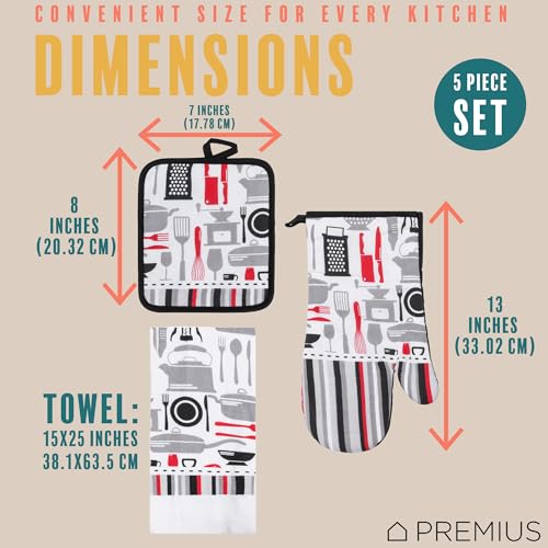5 Piece Kitchen Tools Printed Kitchen Linen Set, 2 Cotton Towels, 2 Potholders, 1 Oven Mitt with Hanging Loop, 100% Cotton Material on Front & Polyester Backing, Perfect Kitchen Accessory - color: Kitchen Tools