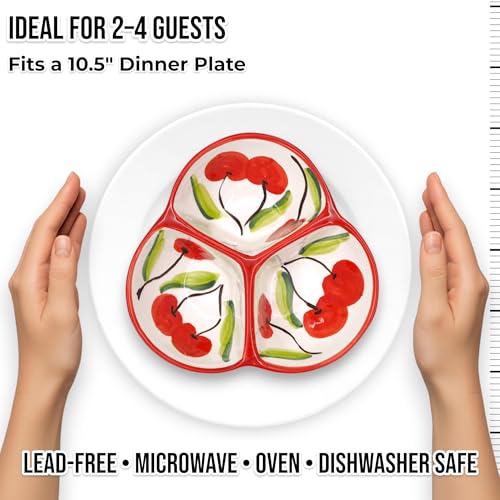 3-Compartment Ceramic Serving Dish, Handmade in Spain | 7.5” divided chip and dip bowl with lead-free glaze, microwave, oven and dishwasher safe, ideal for tapas, snacks and sauces - color: Cherry Bliss