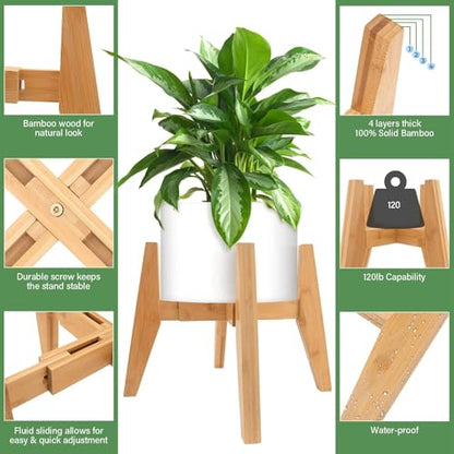 LEIMO KPARTS Adjustable Bamboo Plant Stand (8-12 inches), Mid Century Modern Indoor Plant Holder