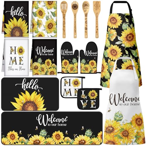 Bencailor 17 Pcs Summer Sunflower Kitchen Decor and Accessories Sunflower Kitchen Rug and Mat Oven Mitts and Pot Holders Apron Dish Towels Cute Wooden Spoons for Home Decor Housewarming Gifts - color: Retro