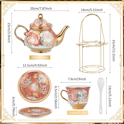 Zhehao 20 Pcs Porcelain Tea Set with Metal Holder and Spoon Adult Ceramic Tea Set European Flower Painting Teapot Cup Saucer Spoon for Women Mom Gift, Large Version (Noble Style) - color: Noble Style