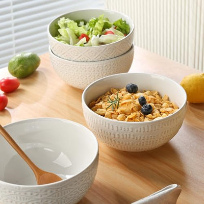 40 OZ Large Cereal Bowls Set of 4, Farmhouse Embossment Ceramic Salad Bowls for Soup, Serving, Fruit, Snack, Noodle, Ramen, Pho, Microwave & Dishwasher Safe, 6.7 Inch White - size: 6.7 INCH