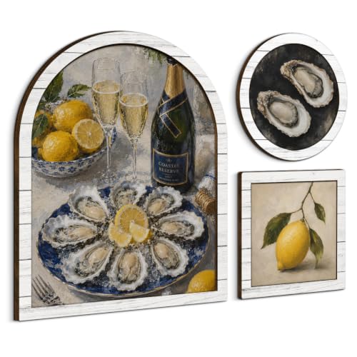 3 Pcs Vintage Oyster Kitchen Wall Art Sign, Framed Seafood Wall Decor | Coastal Seafood Prints for Kitchen Dining Room Beach House Home - color: Oyster