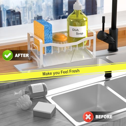 Stainless Steel Kitchen Sink Caddy Organizer with Auto Drain Tray, Sponge Holder for Countertop Storage (White) - color: White