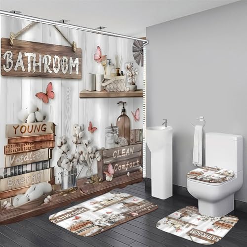 DDQQ 4Pcs Shower Curtain Sets, Farmhouse Style Bathroom Curtains Shower Set, Cupboard Bathroom Decor Sets, Shower Curtain with Rugs, Toilet Lid Cover, Bath Mat and 12 Hooks, 71 x 71 in - color: Cream