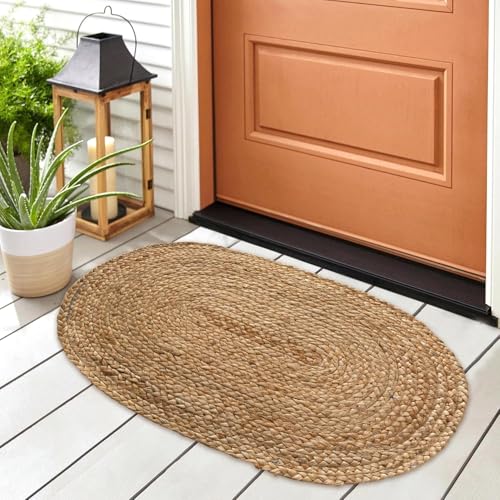Hand Woven Natural Jute Braided Rug – 2x3 Feet Oval | Vintage Boho Reversible Doormat for Entryway, Front Door | Farmhouse Natural Fiber Rugs for Bedroom, Kitchen, Living Room - size: 2' x 3' (Oval)