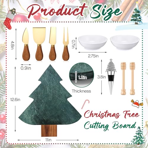 10 Pcs Christmas Tree Charcuterie Board Gift Set Kitchen Utensils Gifts | Include Marble Wood Cutting Serving Tray, Cheese Knives Fork, Honey Stick, Wine Stopper and Dish, Xmas Holiday Party Favor