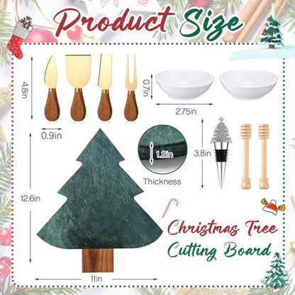 10 Pcs Christmas Tree Charcuterie Board Gift Set Kitchen Utensils Gifts | Include Marble Wood Cutting Serving Tray, Cheese Knives Fork, Honey Stick, Wine Stopper and Dish, Xmas Holiday Party Favor