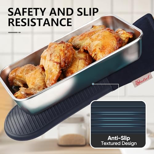 YUTAT Silicone Oven Mitts,High Heat Resistant Up to 500 Degrees,Waterproof Cooking Gloves with Soft Polyester Filling,Kitchen Potholder Set - Perfect for BBQ,Baking and Cooking,2 Pcs Set(Deep Blue) - color: Dark Blue-striped Surface, size: 13“L x 7"W-2 Pi