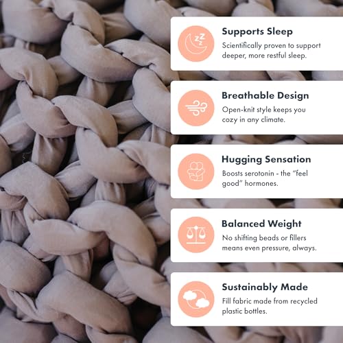 Chunky Knit Weighted Blanket - Breathable, Cooling, Hand Made Knit Throw Blanket for Sleep for Relaxation - Machine Washable, Stylish Design (Taupe, Throw | 12lbs | 44"x60") | Soft jersey-knit Taupe shell, 100% recycled hypoallergenic fill. Cooling weight