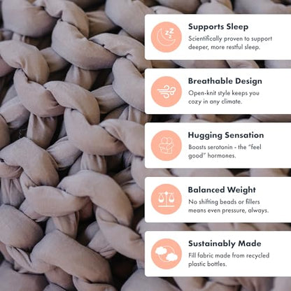 Chunky Knit Weighted Blanket - Breathable, Cooling, Hand Made Knit Throw Blanket for Sleep for Relaxation - Machine Washable, Stylish Design (Taupe, Throw | 12lbs | 44"x60") | Soft jersey-knit Taupe shell, 100% recycled hypoallergenic fill. Cooling weight