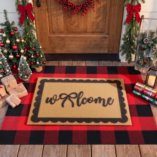 Black Red 2 Pcs Bow Welcome Front Door Mat Outdoor Combo Set, 27.5'' x 43'' Double Buffalo Plaid Layered Front Porch Rug with Heavy Duty Backing Coir Doormat Outdoor Entryway Decor - color: Black Red