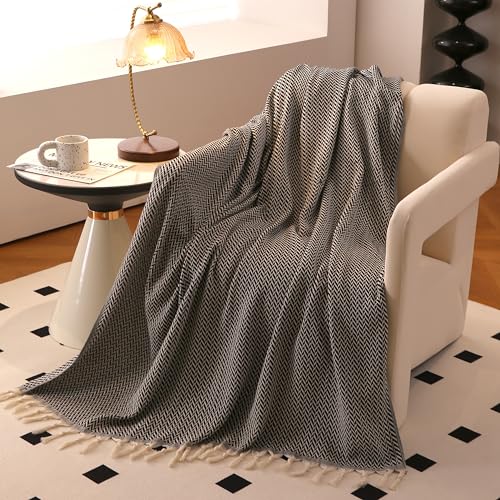 Peshtemania Premium Cotton Light Weight Boho Throw Blanket 50”x60” Gray Black and Off White for Bed Chair Couch Farmhouse Turkish Throws for Sofa Bedroom Outdoor Fall Throw Blanket Yoga Blanket - color: Black