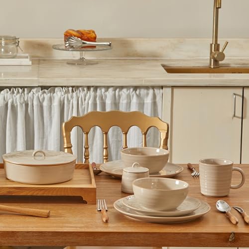 Bico Ceramic Coffee Mugs Set of 4, 17 oz Stoneware Coffee Cups with Handle and Ribbed Texture, Lead-Free Microwave and Dishwasher Safe, Warm Earthy Mug Set for Tea, Latte, Hot Chocolate (Light Beige) - color: Beige